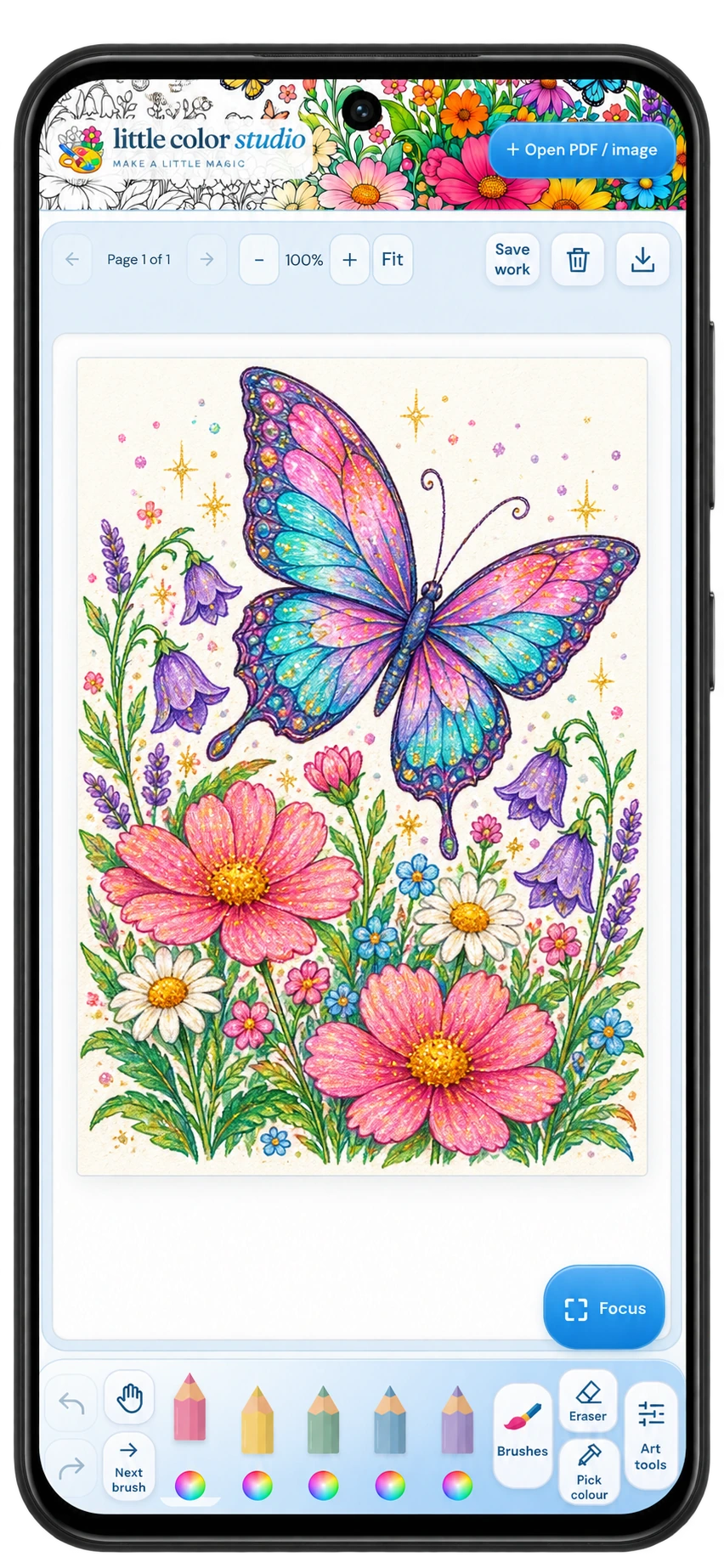 Little Color Studio Android phone: Little Color Studio phone mockup with a colorful butterfly and flowers.